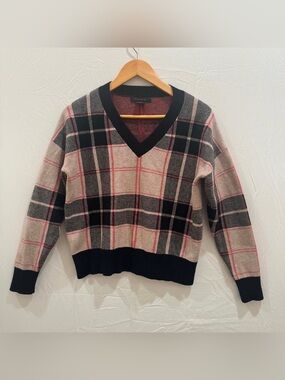 Tahari Black and Pink Plaid V-Neck Pullover